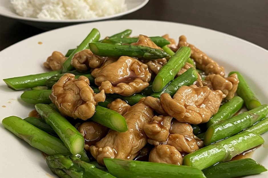 Spargel-Hähnchen aus dem Wok: Mit der legendären chinesischen braunen Sauce